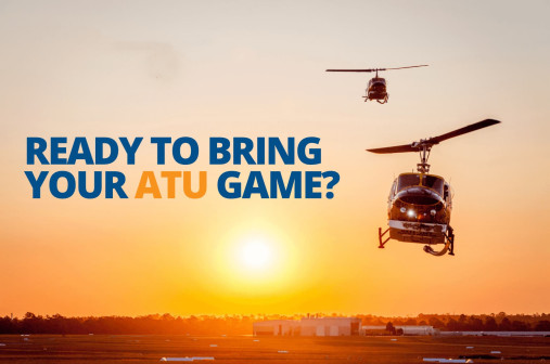 helicopter in front of setting sun with words ready to bring your atu games